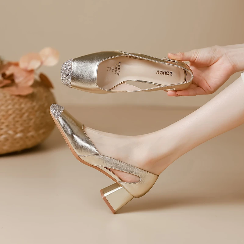 流光风通勤职场时尚气质浅口方头粗跟鞋女百搭中跟单鞋