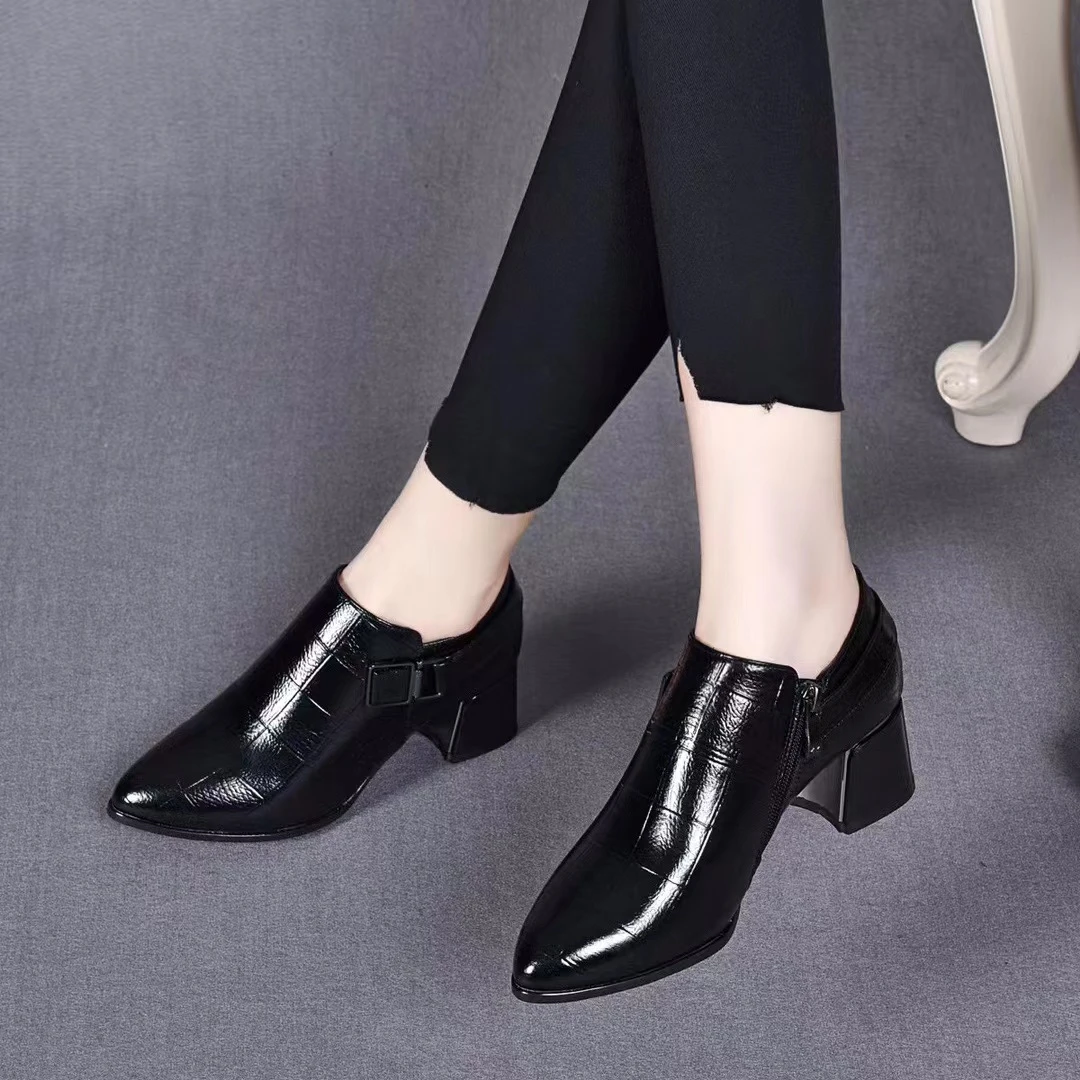 新款深口单鞋7027百搭粗跟尖头秋冬中跟加绒冬季秋季