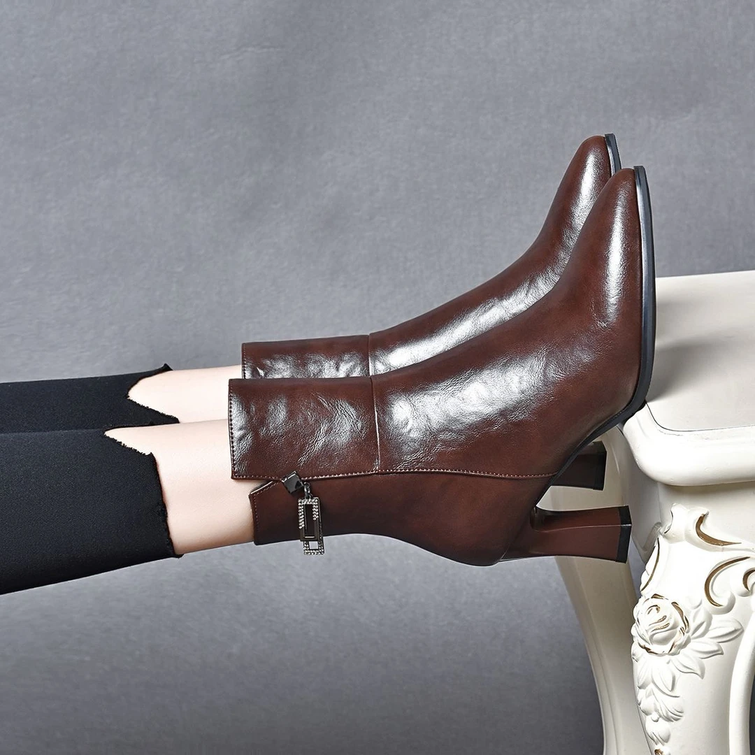 新款手抓纹高跟小裸靴WS1188时尚休闲百搭真皮粗跟尖头秋冬冬季