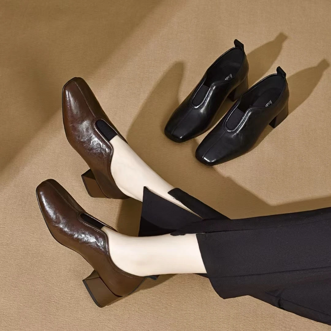 秋季新款方头深口单鞋KSL97-1时尚百搭真皮复古粗跟高跟中跟跟鞋