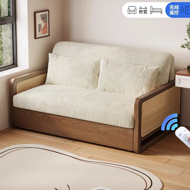 实木电动沙发床两用智能小户型藤编三人位梳化床多功能沙发床