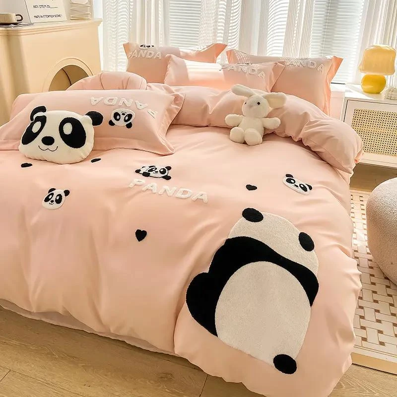 新疆包邮可爱小熊猫水洗棉被套四件套非全棉纯棉卡通毛巾绣被套床