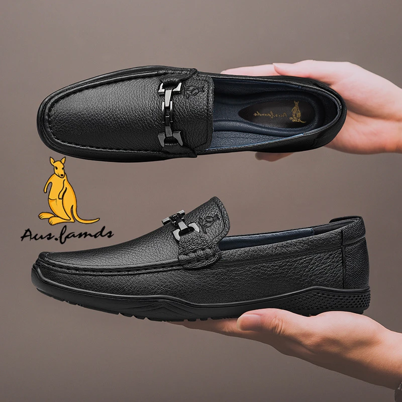 澳洲名袋鼠皮鞋男士秋季新款高级感商务休闲软皮鞋真皮软底爸爸鞋