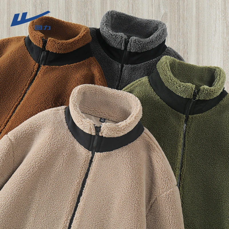 回力2023新款重磅羊羔绒夹克男加绒保暖冬装外套美式潮牌棉衣冬款