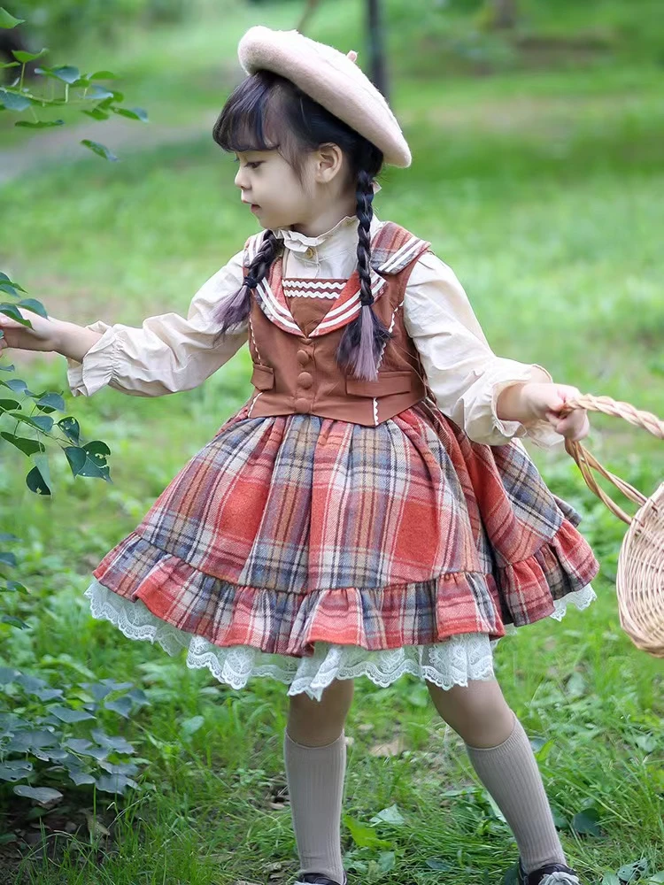 【港风洛丽塔】儿童背带裙年秋冬新款女童格子连衣裙