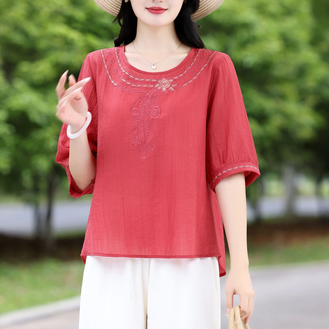 2024中国风复古国风气质显瘦女上衣时尚宽松百搭套头圆领中袖