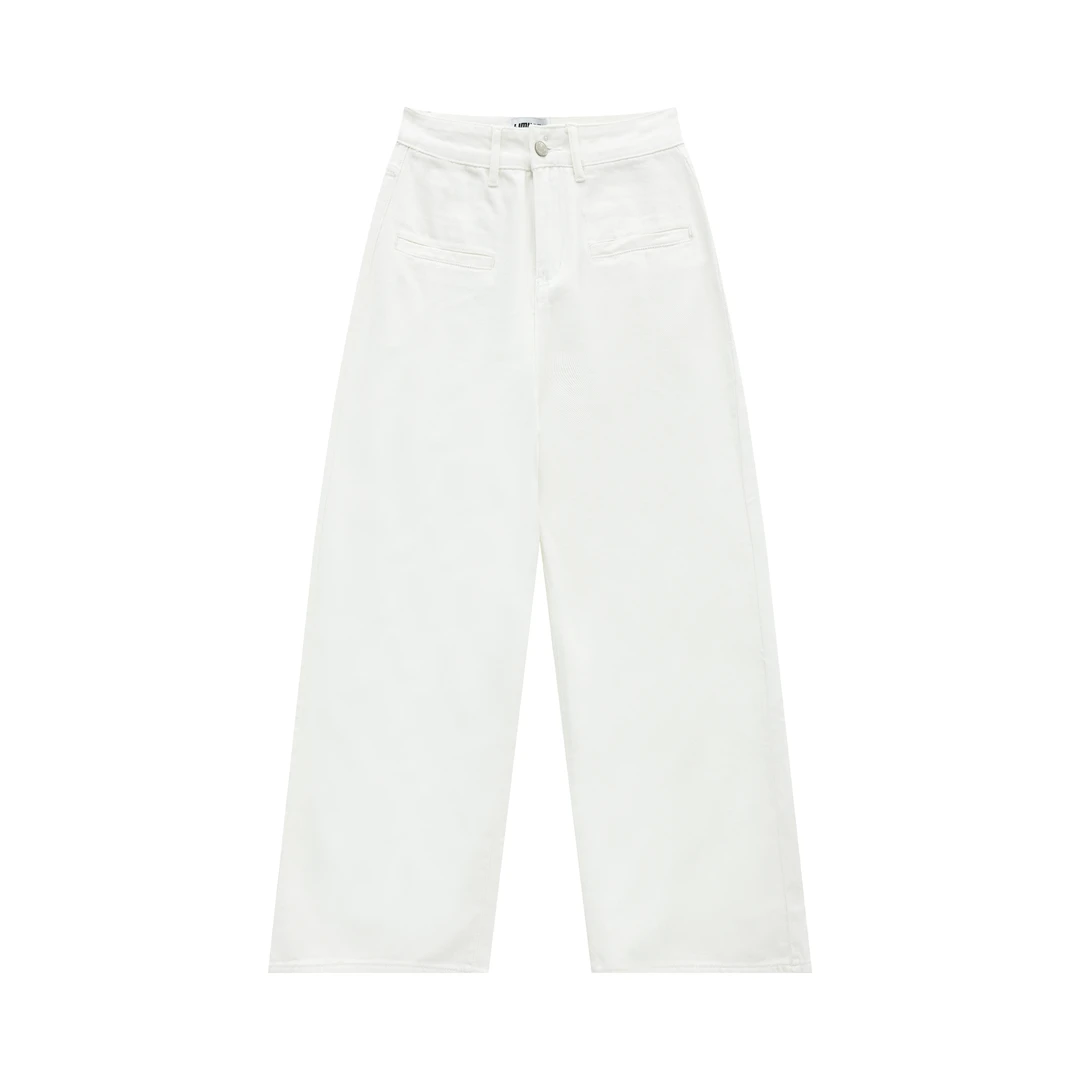 白色高腰直筒牛仔裤女夏口袋设计感阔腿垂感拖地长裤