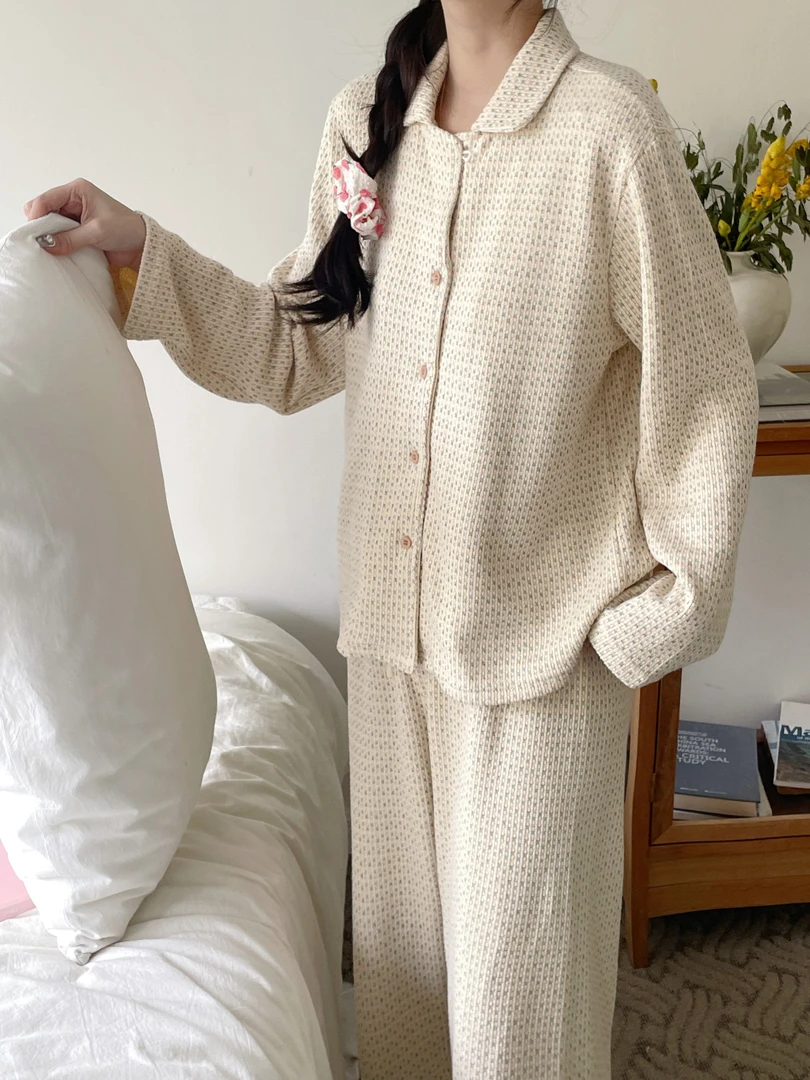 public republic女冬睡衣简约翻领休闲厚针织棉长袖裤家居服套装