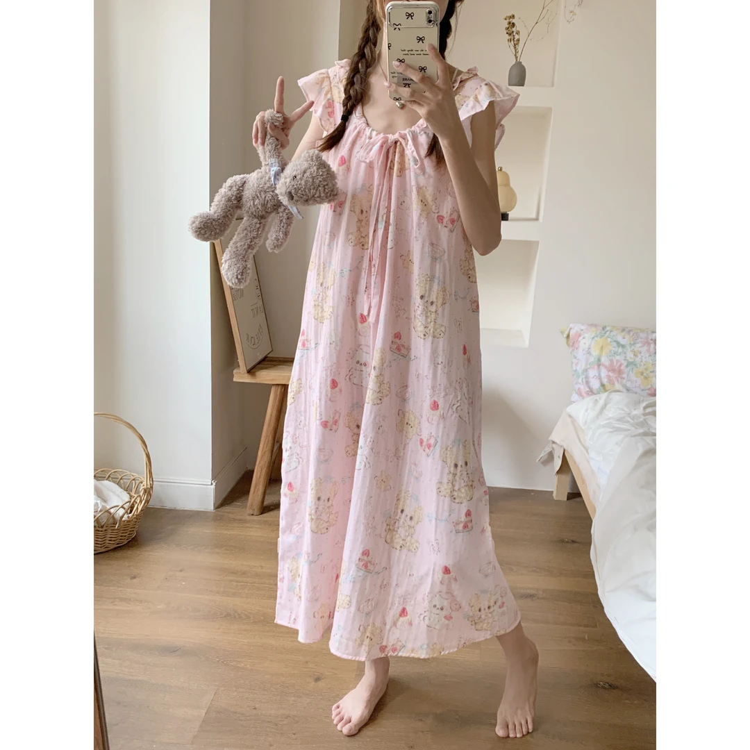 韩版秋季家居服睡衣夏季公主新款可爱小熊少女绑带长款睡裙甜美