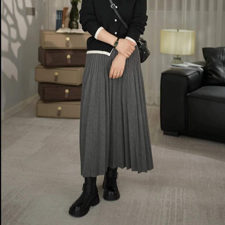 特种分段压褶中长款半身裙秋冬季类呢料厚款半裙都市通勤风百褶裙