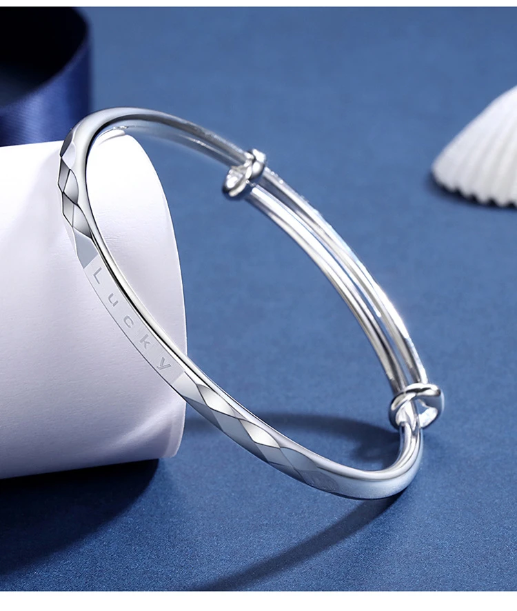 925银手镯 Lucky字母手镯绕丝满天星银手镯多切面幸运手环可调节