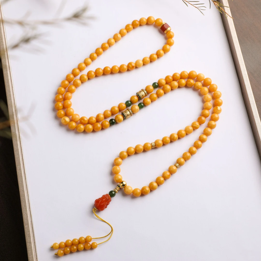 老蜜蜡南红貔貅六字真言108项链