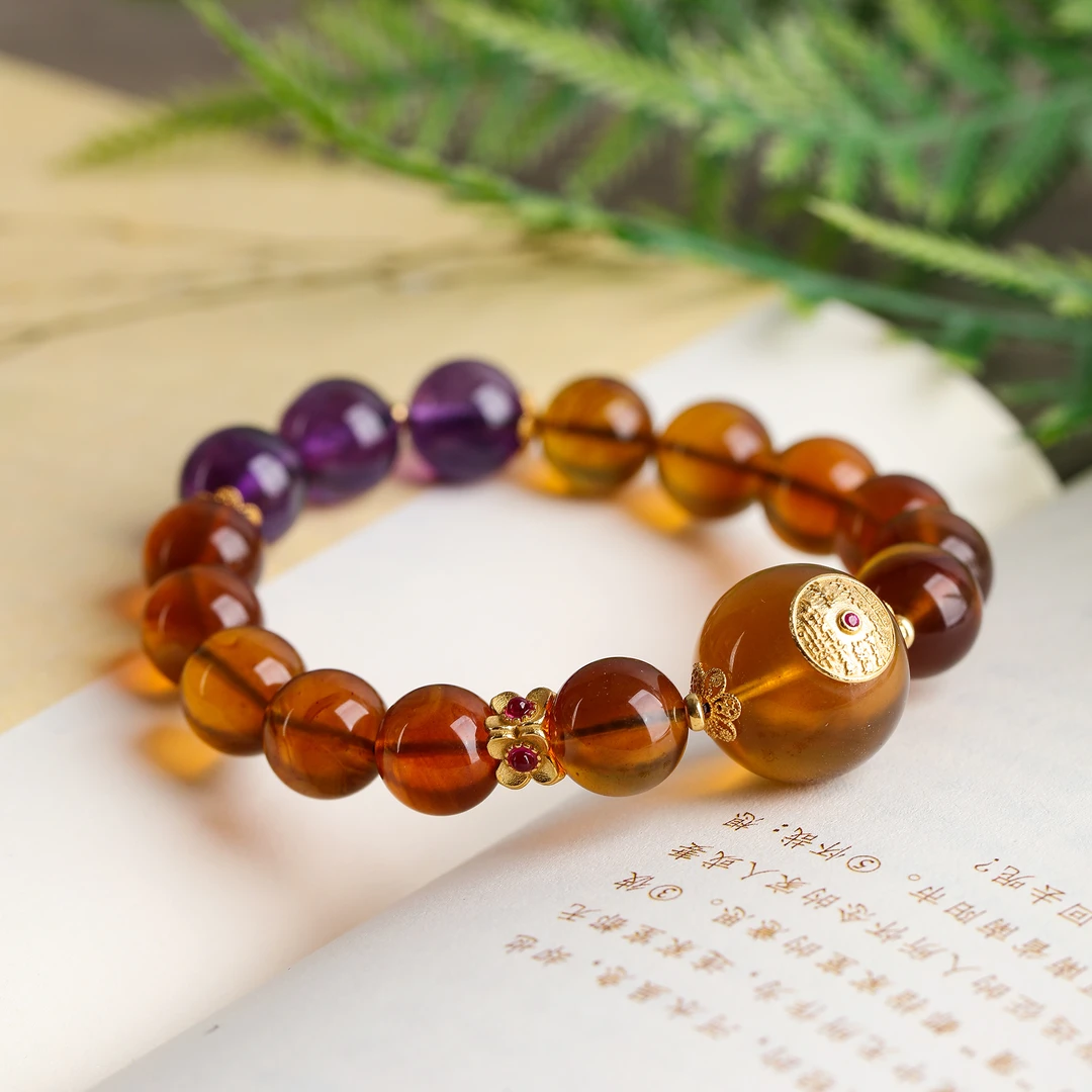 MF119-缅甸琥珀金棕山鬼花钱紫水晶手串