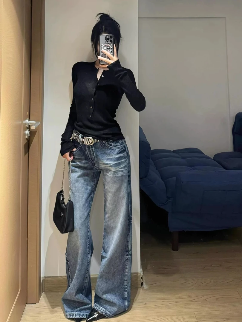 ZHENYIFANG/真衣坊加绒美式复古阔腿牛仔裤女时尚TZ