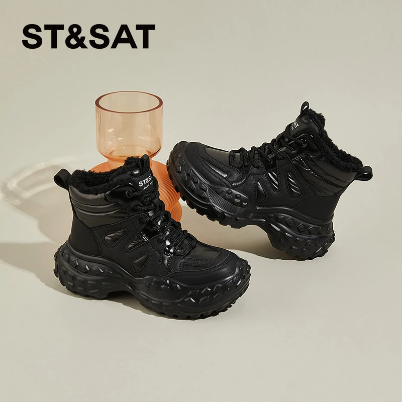 星期六黑色老爹鞋女款2024新款冬季加绒高帮棉鞋休闲运动增高女鞋