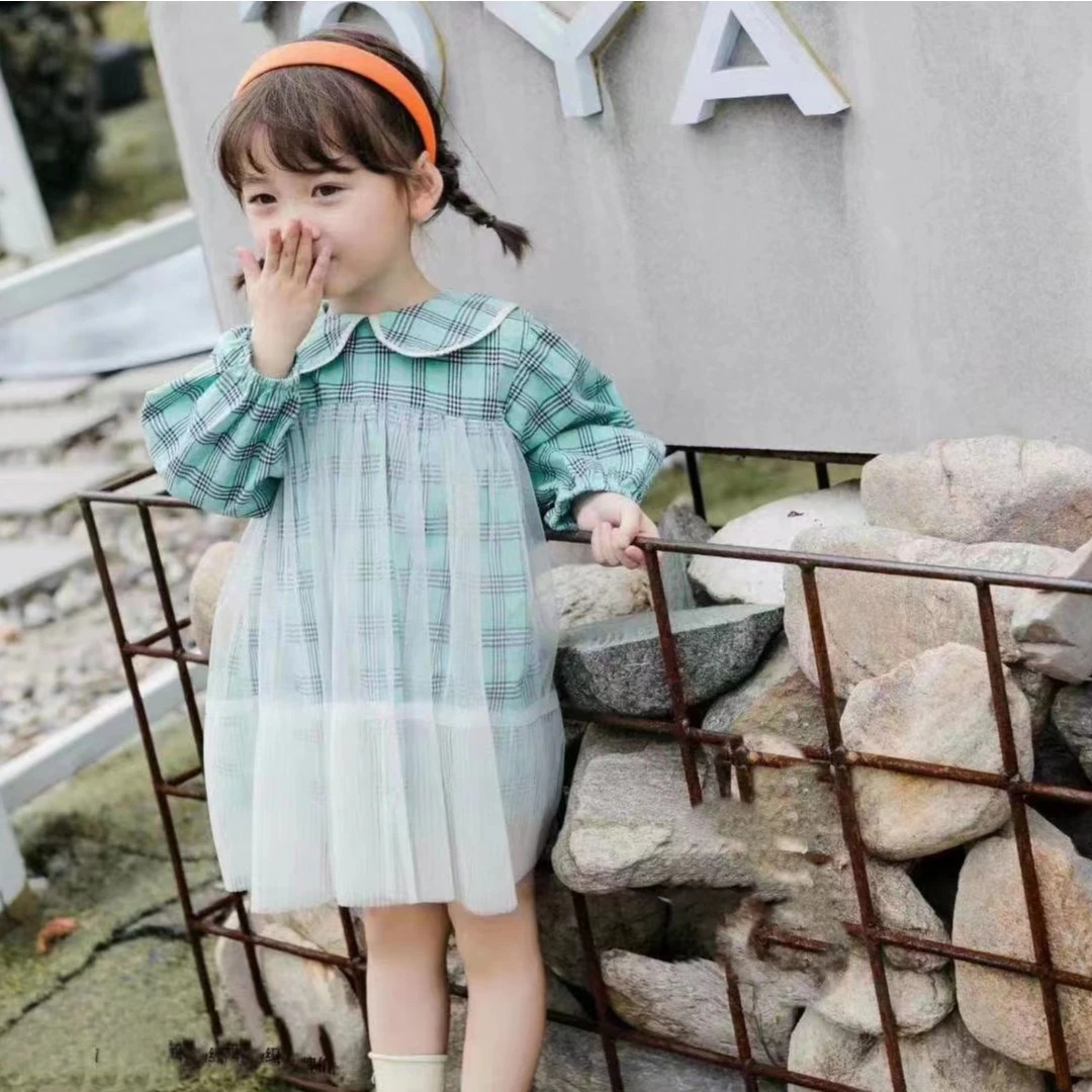 春秋新款童装时尚春款清新韩版宝宝长袖娃娃领女童格子洋气连衣裙