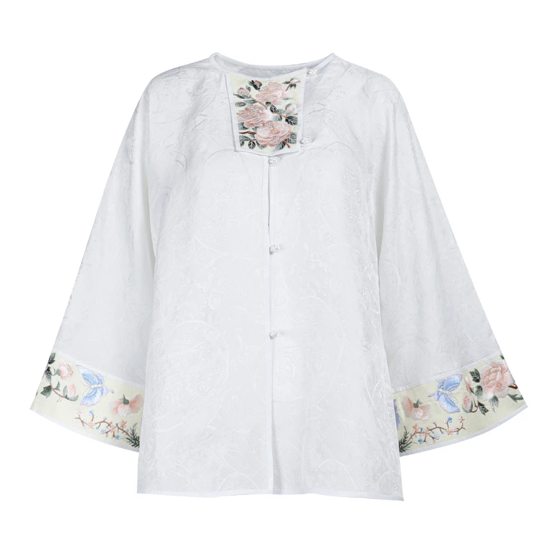 「翠影花枝」乐锦坊复古中国风手工原创设计刺绣圆领汉服女装小上衣