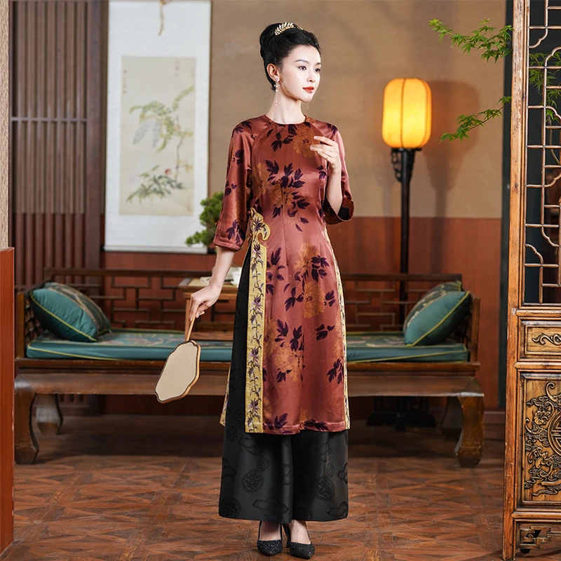 「生紫烟」乐锦坊古法中国风手工全开襟中式桑蚕丝汉服奥黛旗袍