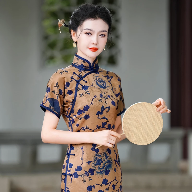 「蓝金小花」·乐锦坊手工古法中国风高档香云纱蓝色全开襟夏季旗袍