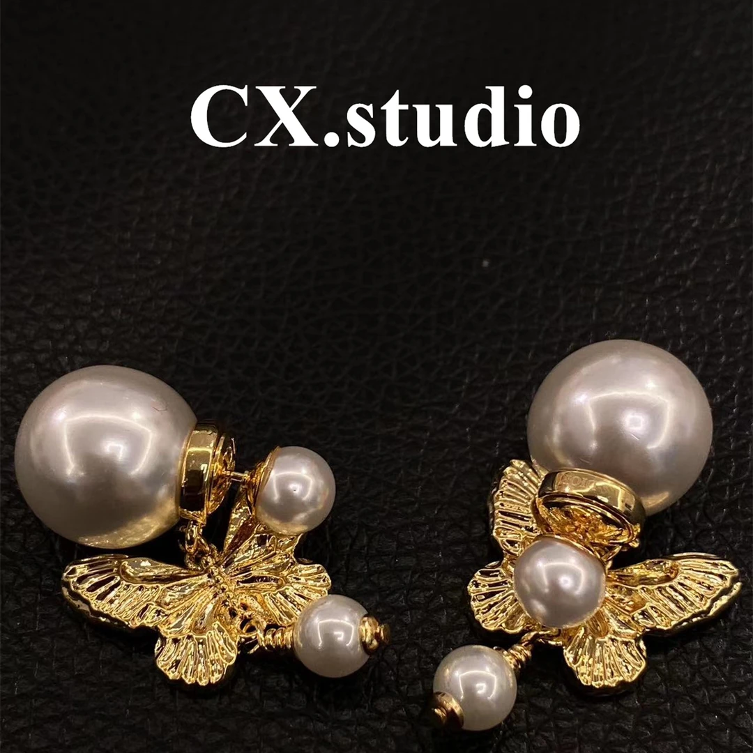 铁合金耳饰 金色蝴蝶珠前后6076