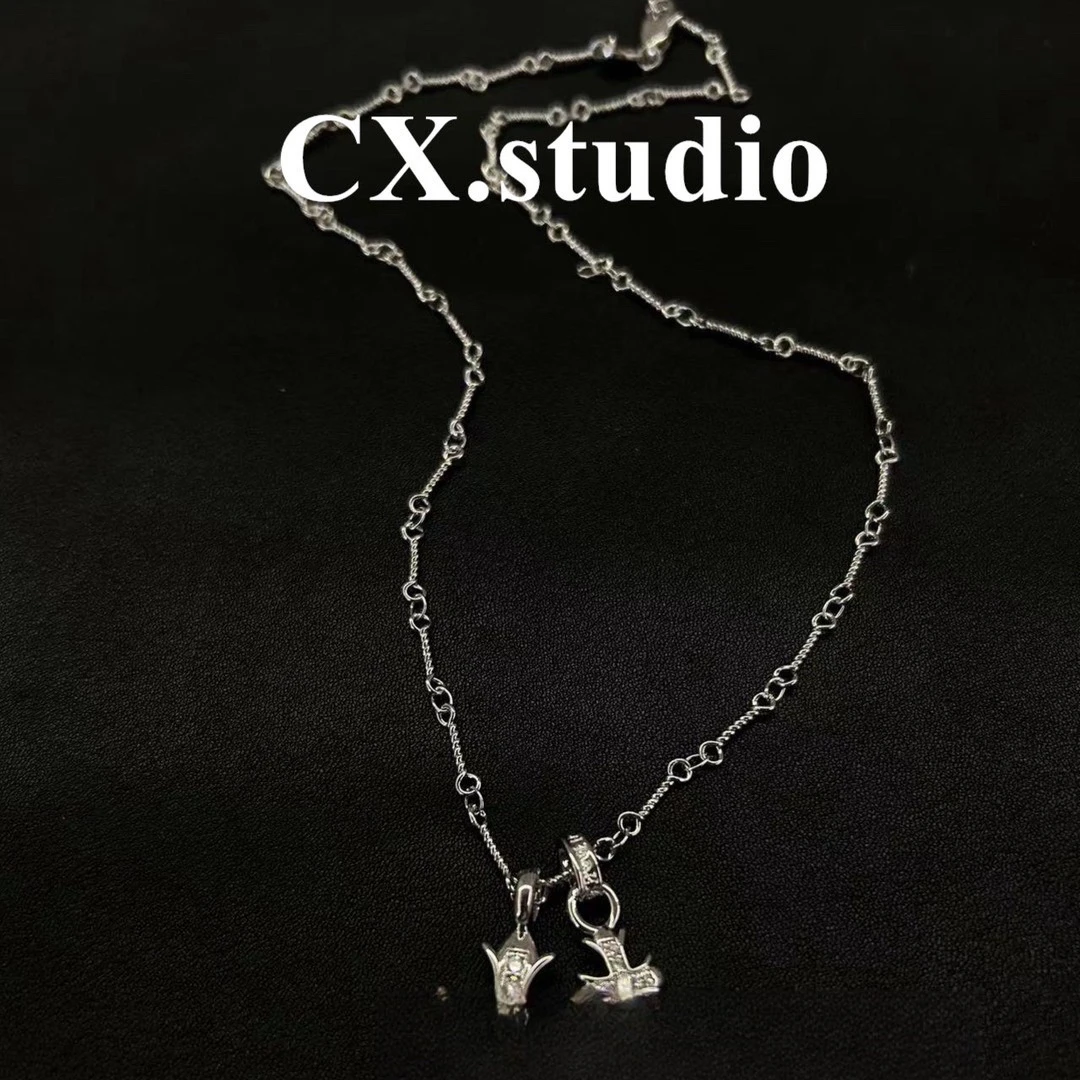 铜合金项链 银色双十字吊坠骨头链3091