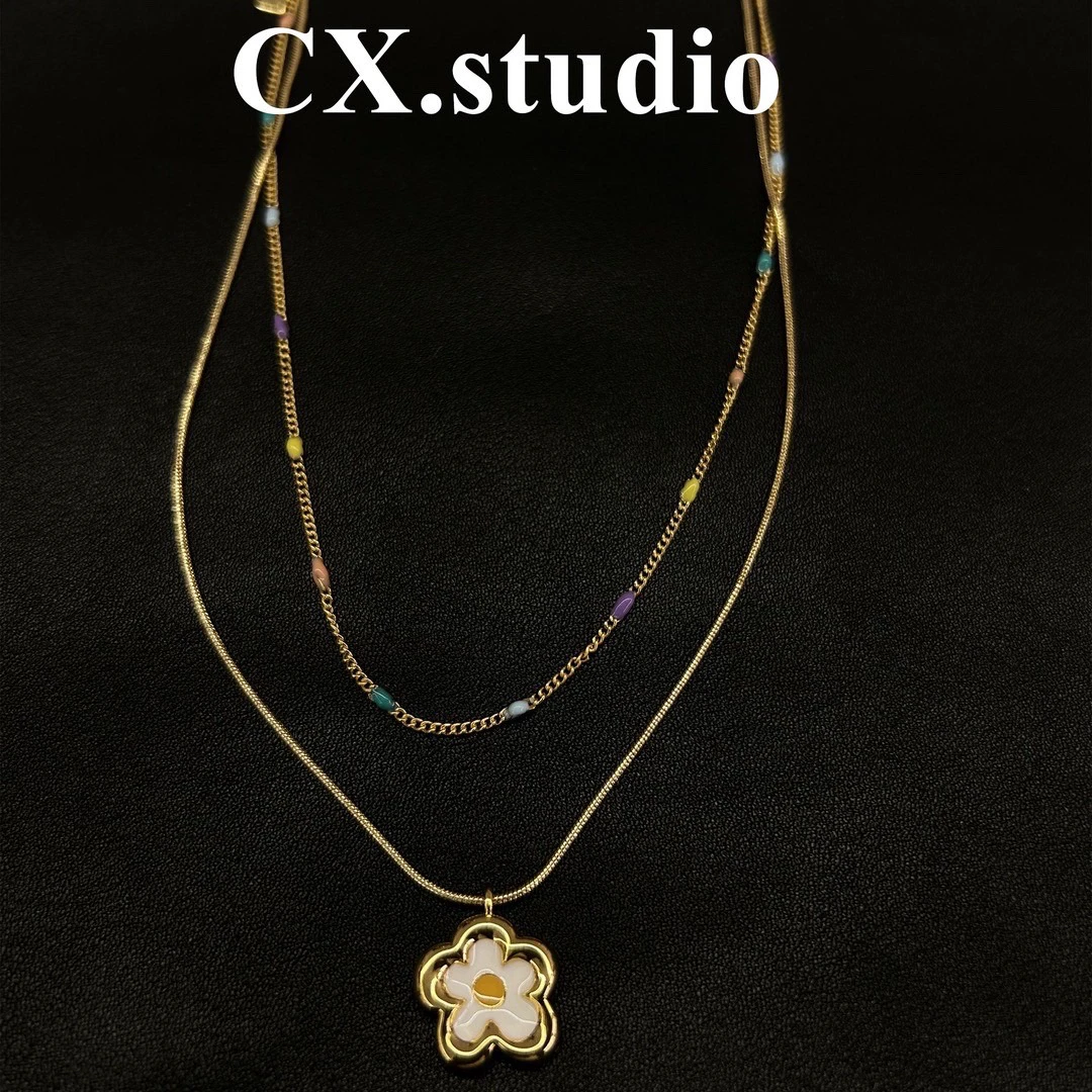 铜合金珐琅项链 金色鸡蛋花双链项链5128