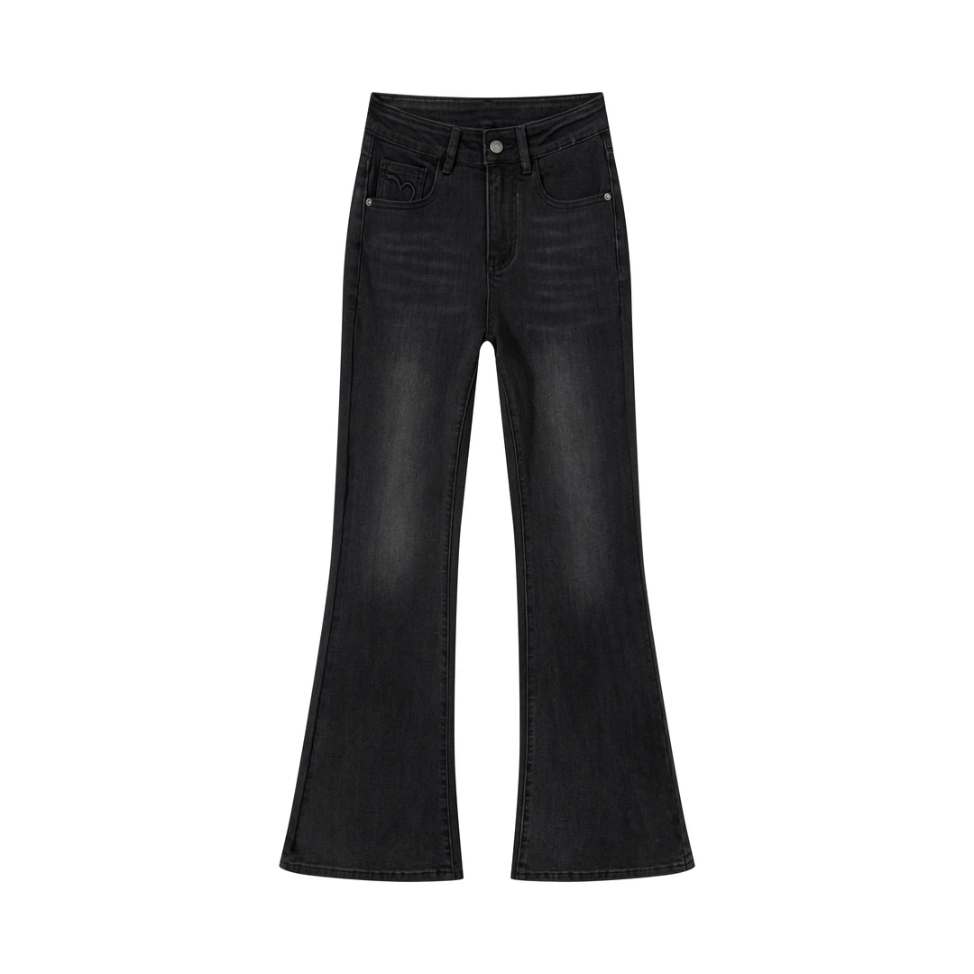 【G.H】高级黑灰3D立体桃心春季新款高腰显瘦修身弹力微喇牛仔裤女