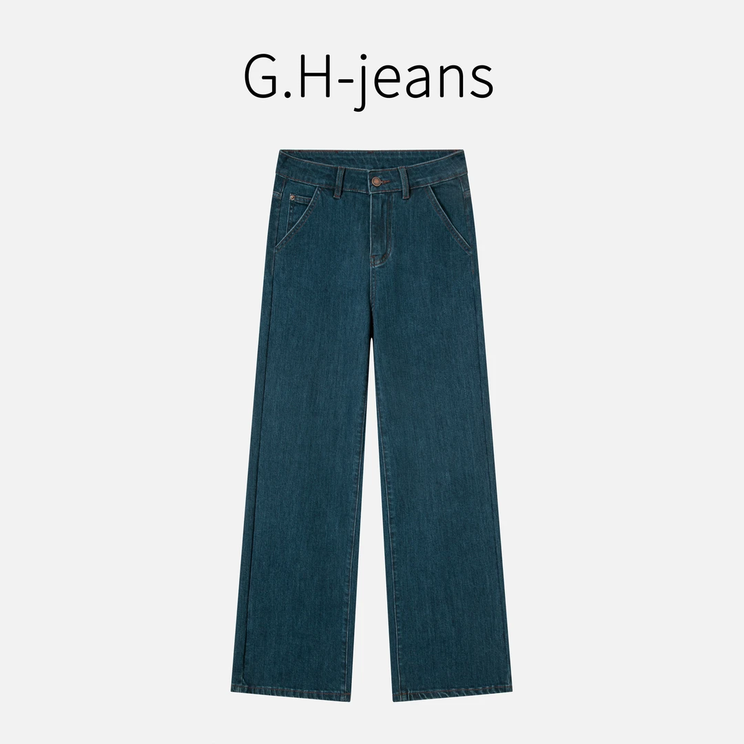 【G.H】2025春季土耳其蓝法式浪漫丹宁风加厚四面弹窄版直筒牛仔裤