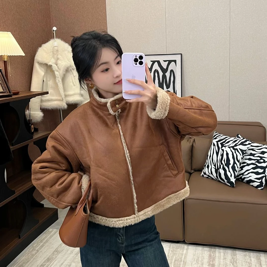 【烫金麂皮绒】24冬皮毛一体拉链金属扣简约机车毛毛外套短款外套