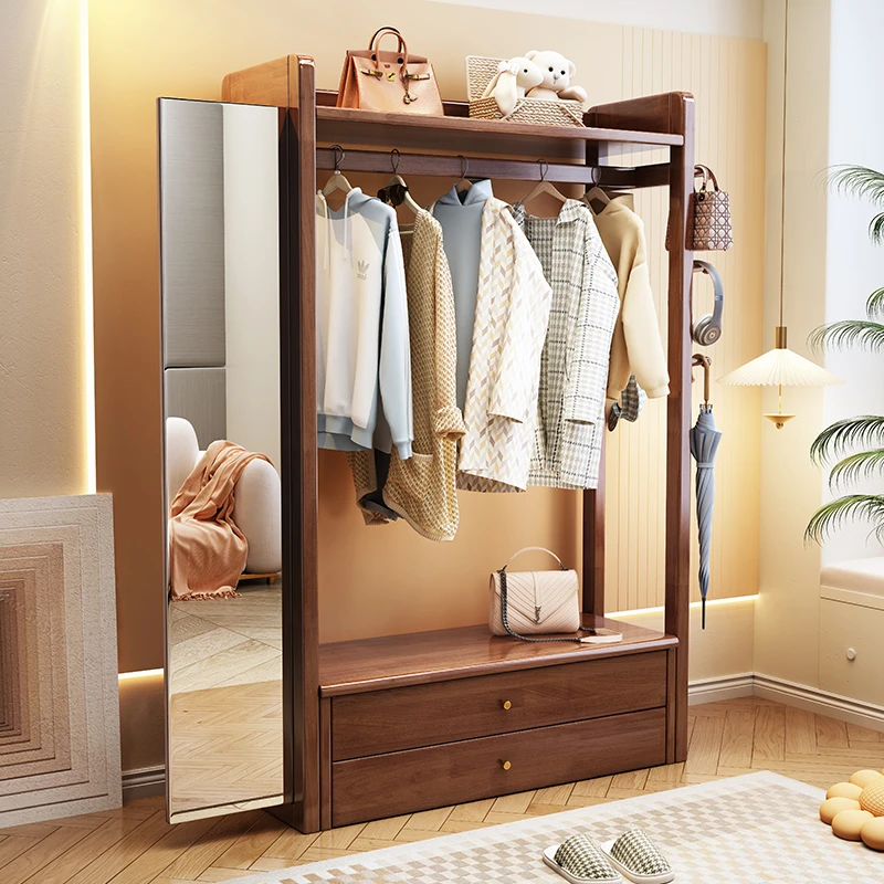 实木衣帽架穿衣镜一体多功能全身镜挂衣架家用卧室储物置物衣架子