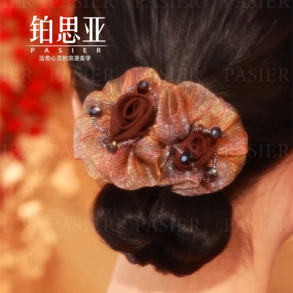 铂思亚 布艺发饰 迎春花优雅手工网纱花朵高弹力发圈FS2252