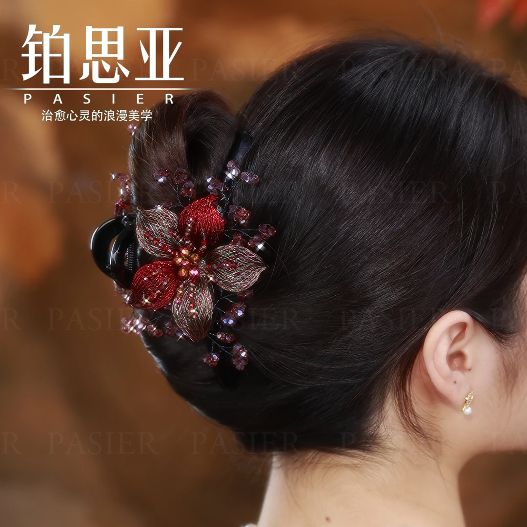 铂思亚 红玫瑰 新款手工编织铜丝串珠玫瑰花13厘米亚克力抓夹FB12