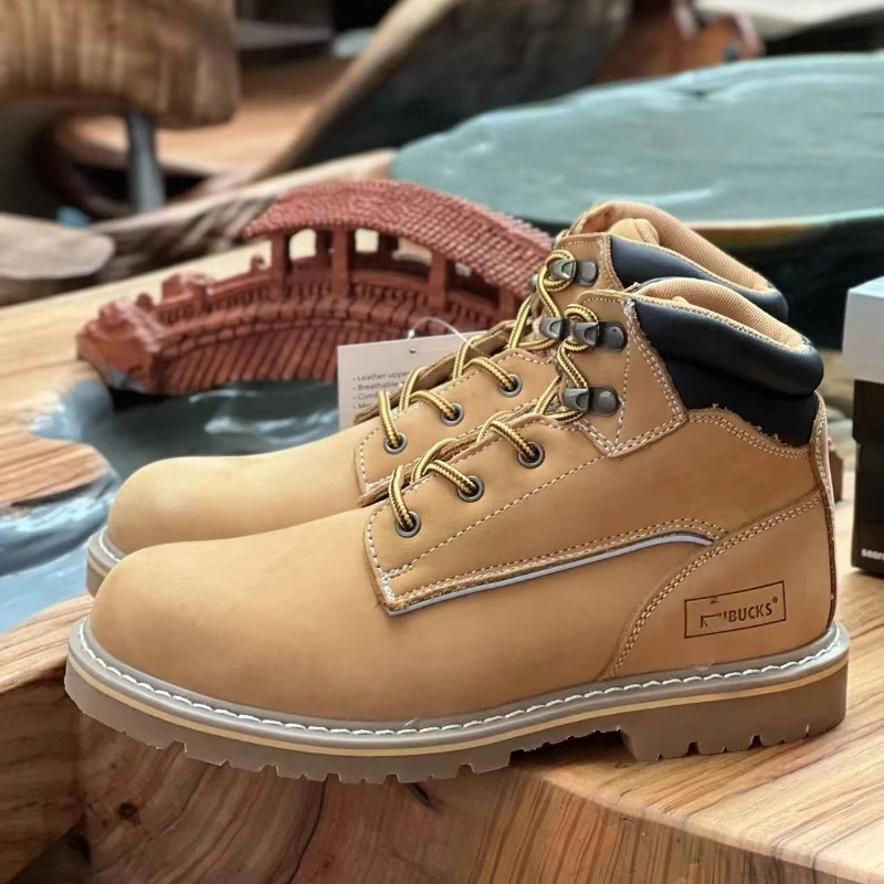 外贸捡漏!!头层牛皮绒面中帮工装靴大黄靴时尚百搭绑带休闲马丁靴