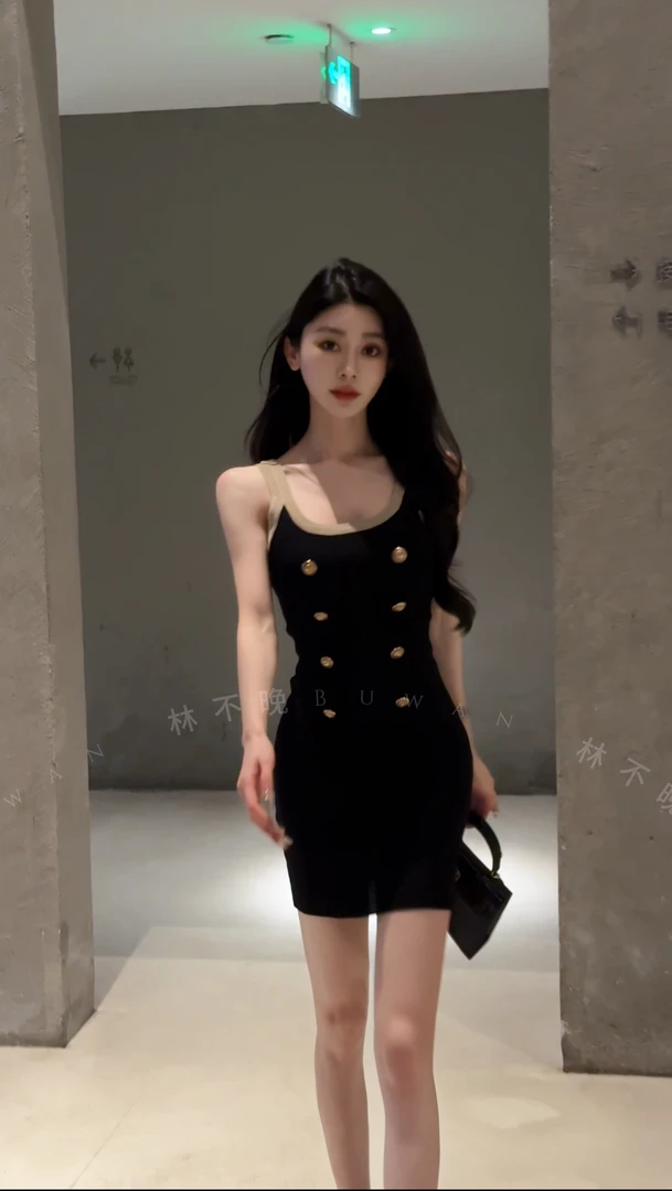 名媛小香风连衣裙夏 高级性感双排金扣针织吊带裙女