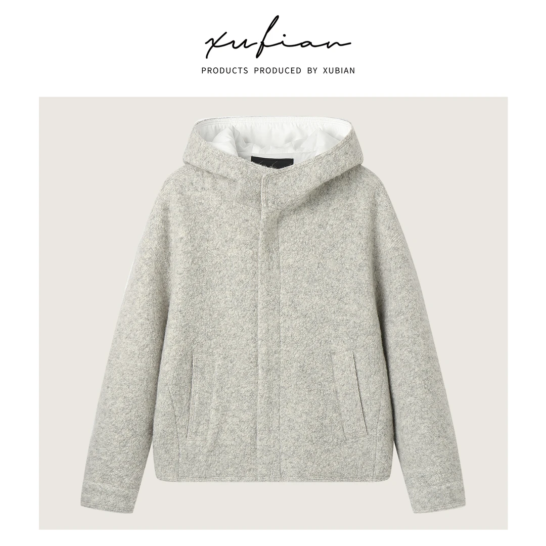 绒岩 男装高级感男装羊毛定制毛呢连帽夹克短款时尚羊羔绒秋冬