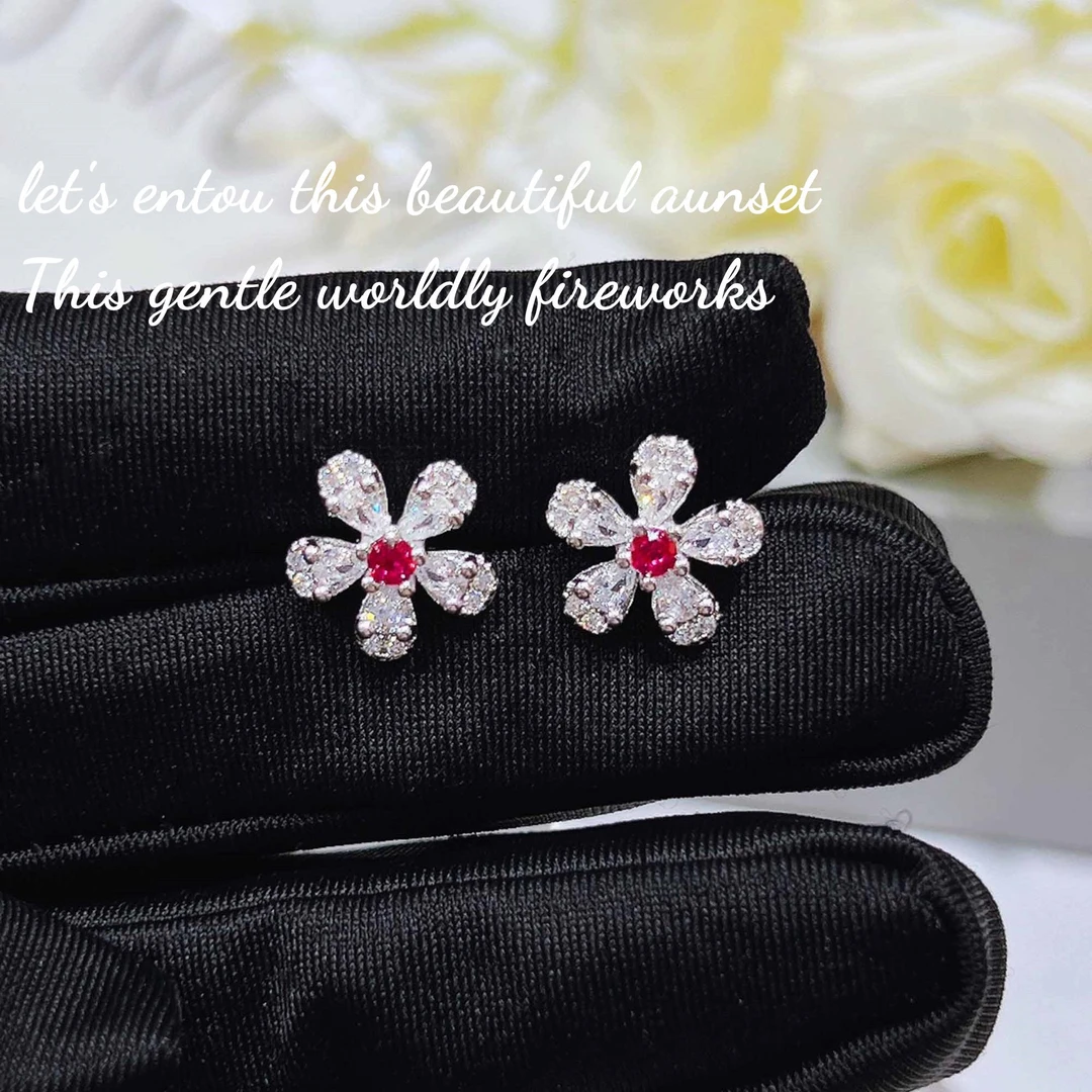 铜合金合成锆石耳饰 轻奢气质樱花设计款耳钉-ZZ555/1314