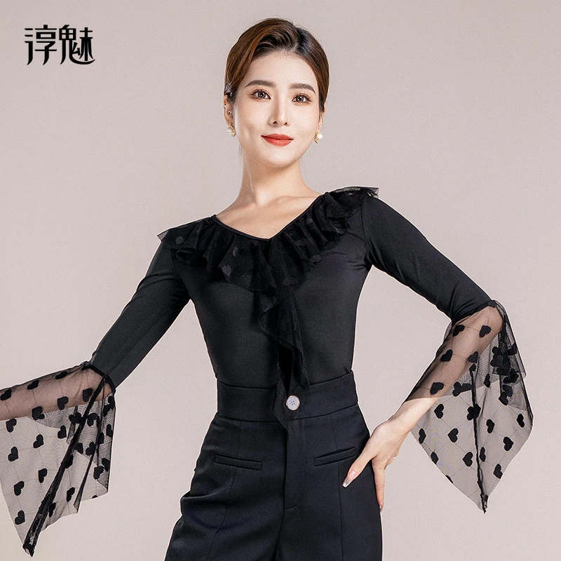 淳魅 摩登舞服女吉特巴跳舞分体衣喇叭袖练功服广场舞上衣M1010