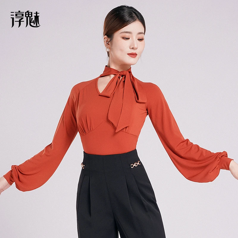摩登舞服女长袖拉丁舞练功服舞蹈绑带上衣灯笼袖连体衣M1035