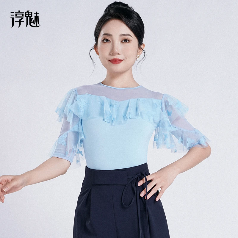 摩登舞上衣女夏季五分袖分体衣舞蹈练功服荷叶边跳舞衣M1104