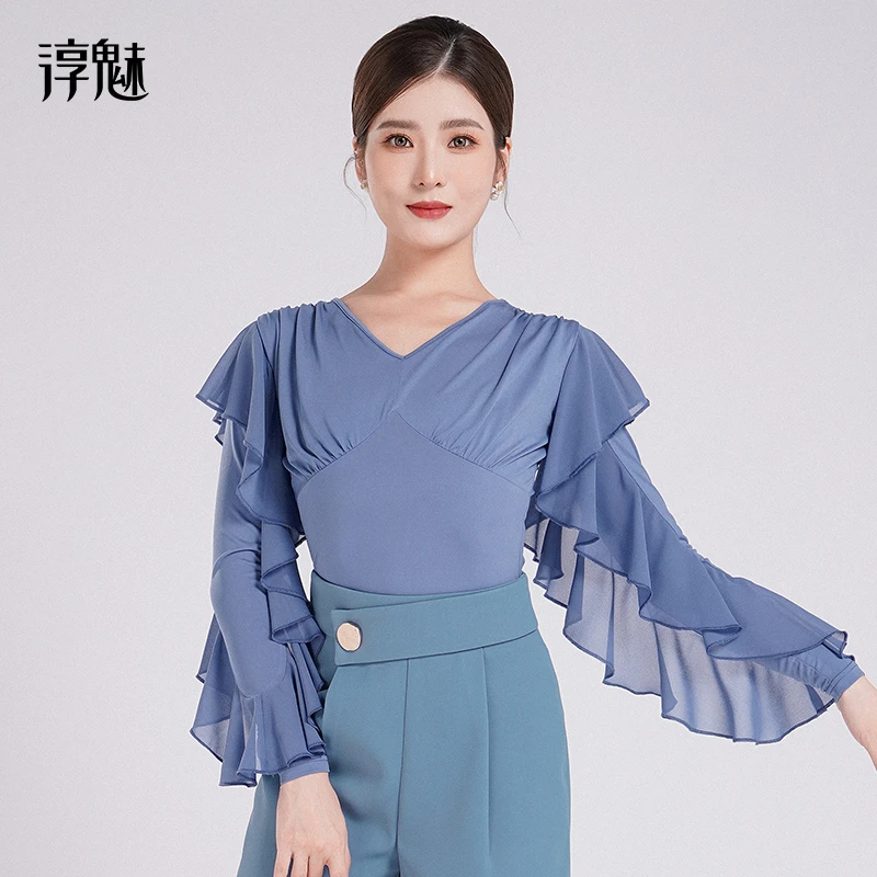 CM摩登舞服女士吉特巴舞蹈练功服荷叶边跳舞长袖v领上衣M1046