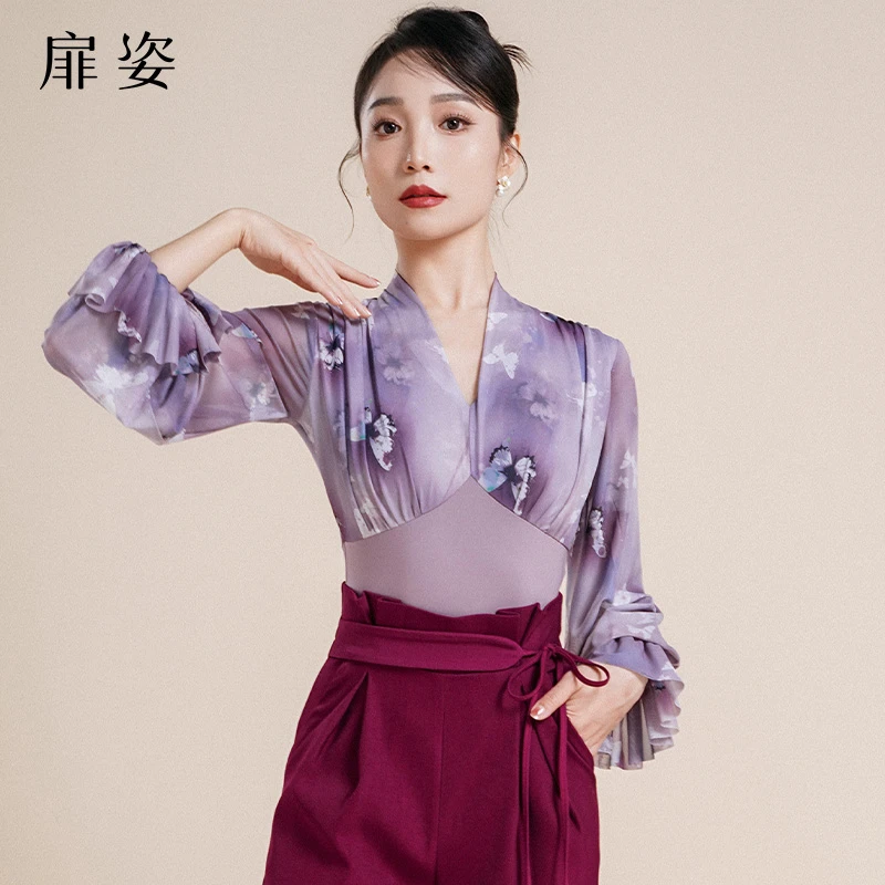 扉姿 摩登舞服女士交谊舞长袖连体舞衣吉特巴喇叭袖跳舞上衣F1112