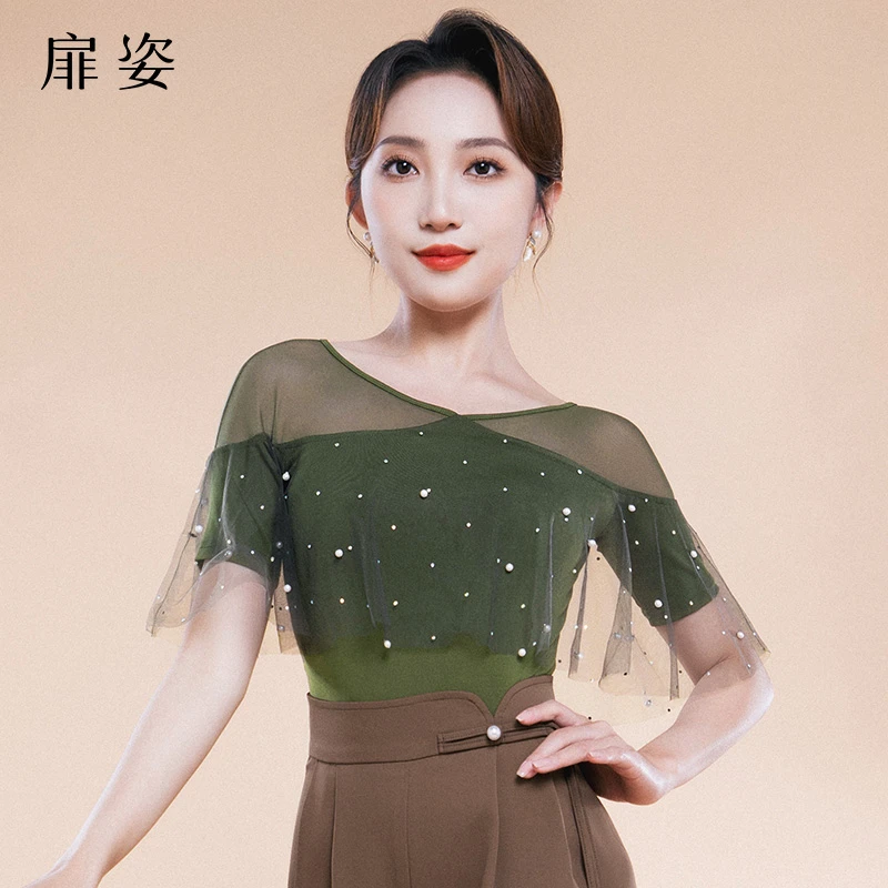 扉姿摩登舞服女夏季新款连体衣交谊舞跳舞练功服短袖v领上衣F1076