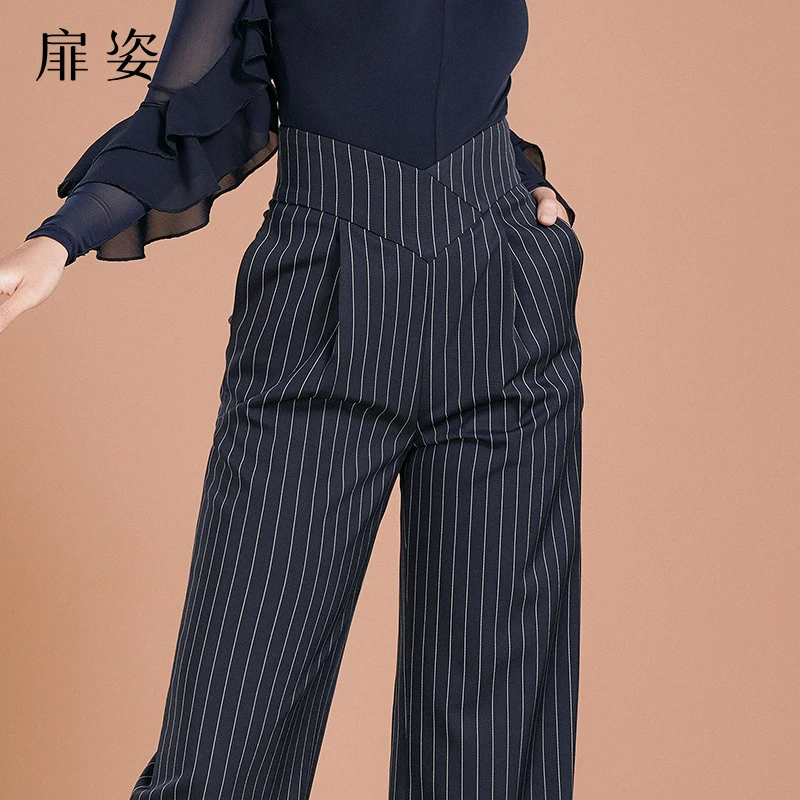 摩登舞裤女秋冬吉特巴口袋跳舞长裤交谊舞高腰舞蹈条纹裤子F2095