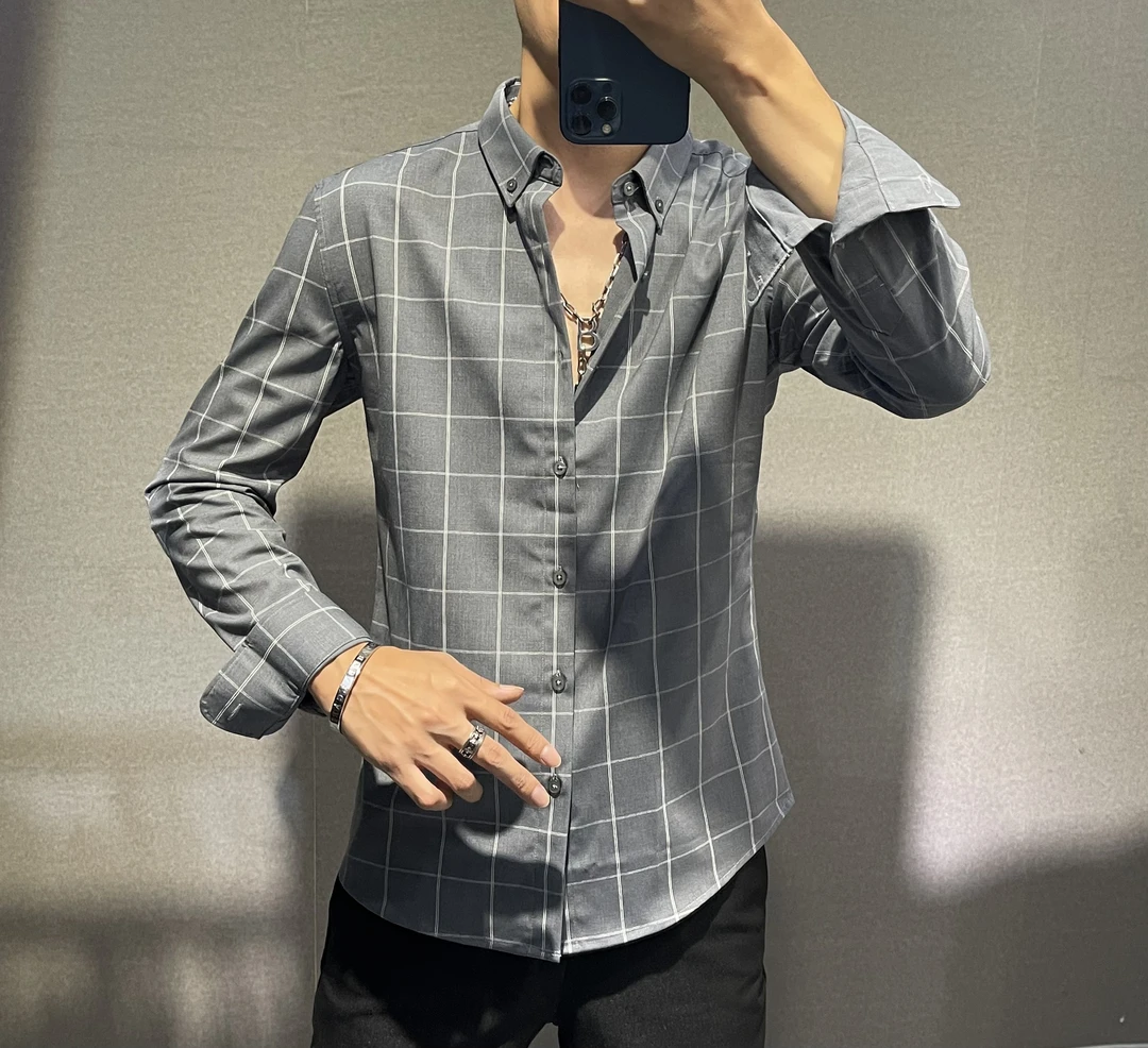 高级格子长袖衬衫男商务休闲百搭上衣