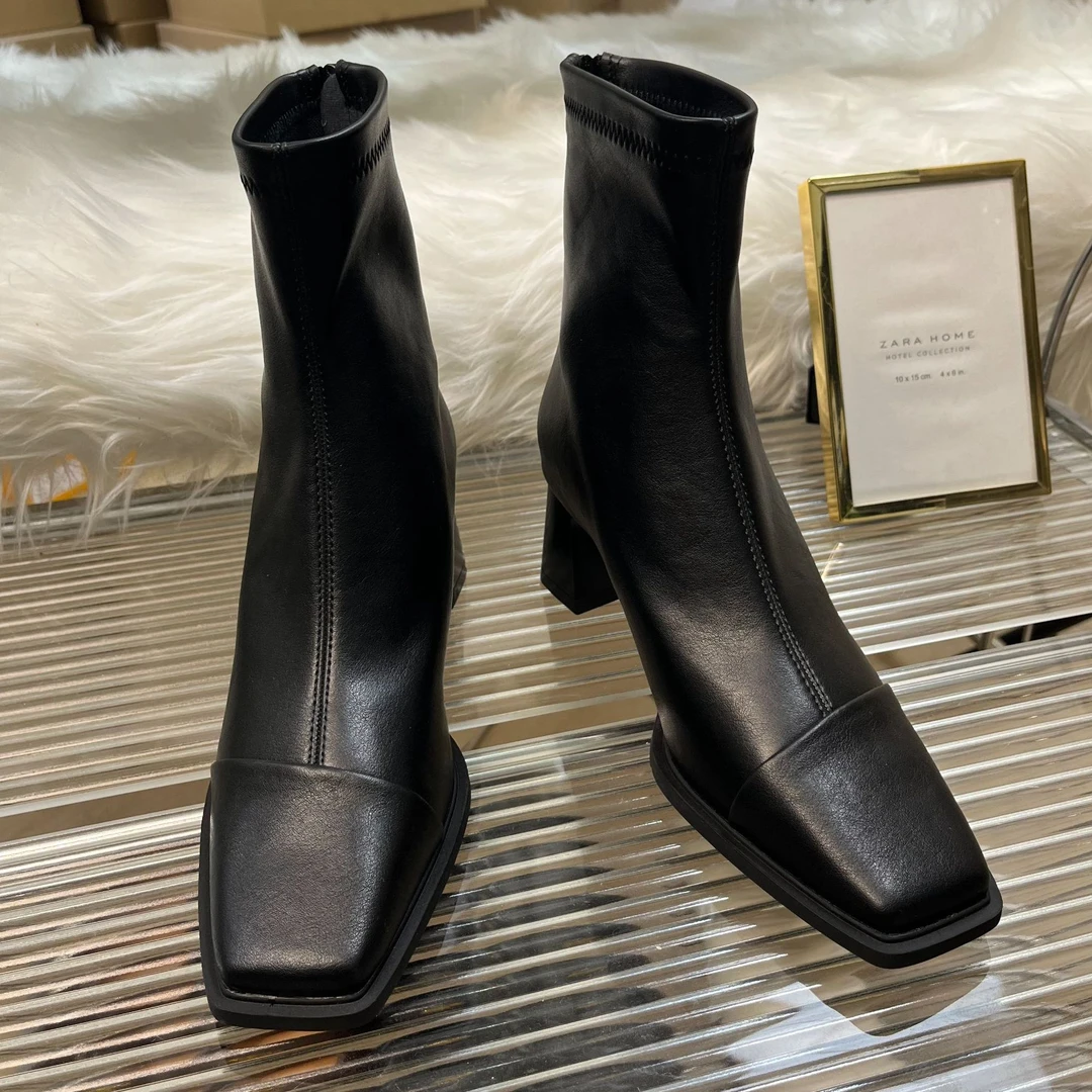 【XINGXING】法式复古女粗跟2024秋冬新款方头马丁靴拉链高跟瘦瘦靴