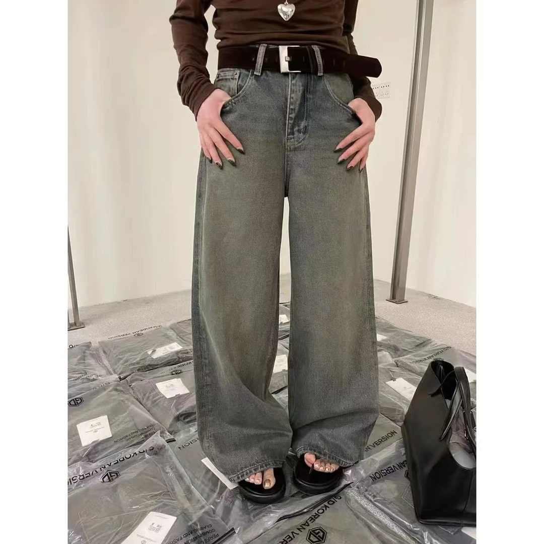 【仙仙推荐】复古怀旧蓝高腰阔腿牛仔裤9355