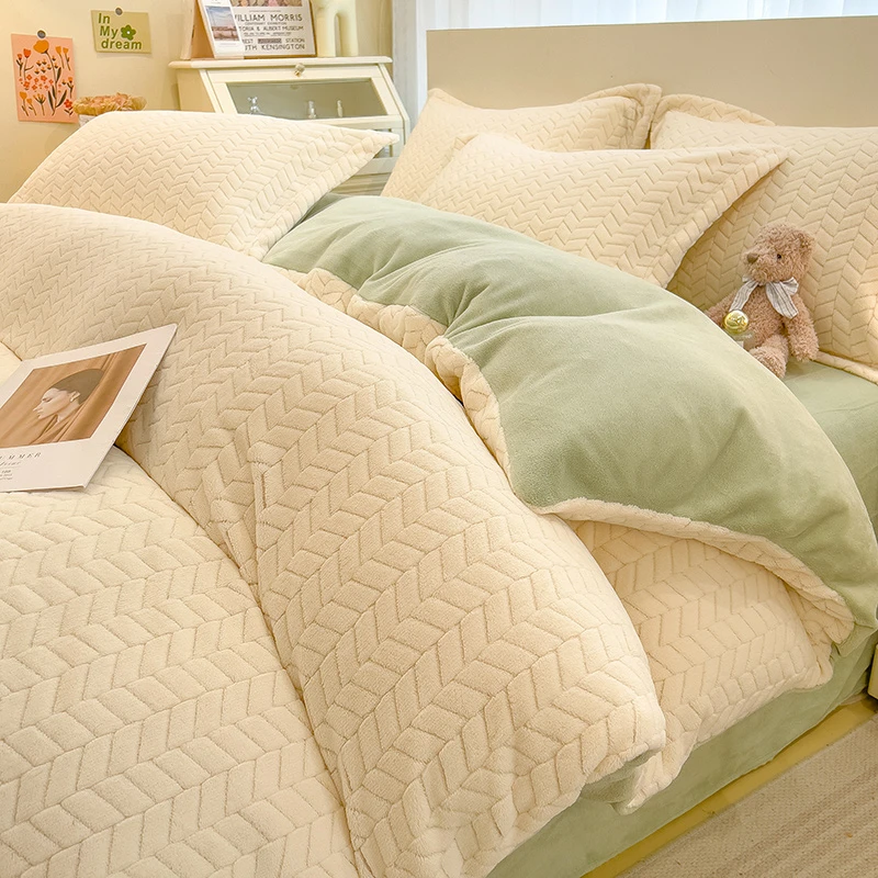 纯色牛奶绒四件套冬天双面绒加厚被套绒面床笠法兰绒珊瑚绒三件套