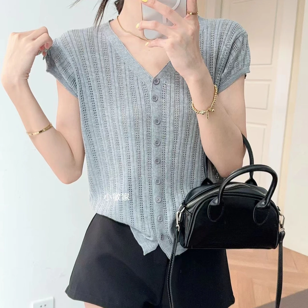 返潮复古镂空薄款气质V领1682针织女套头时尚开衫短袖-依梵朵