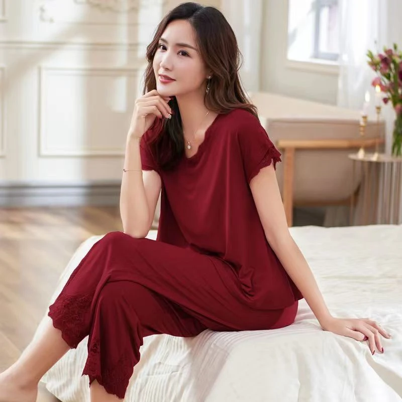 莫代尔睡衣女夏季薄款短袖七分裤简约大码高级感妈妈家居服套装女