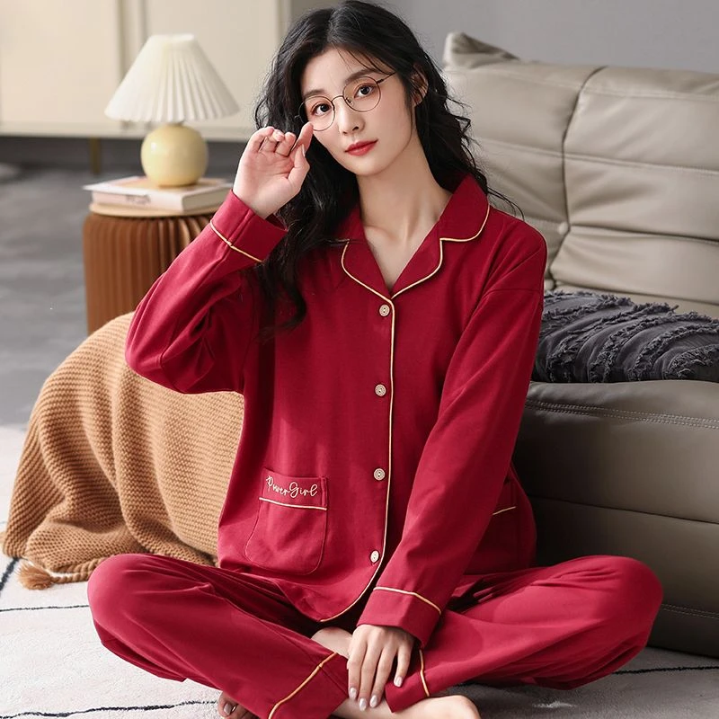 情侣睡衣高档春秋款莫代尔棉长袖新婚简约红色家居服